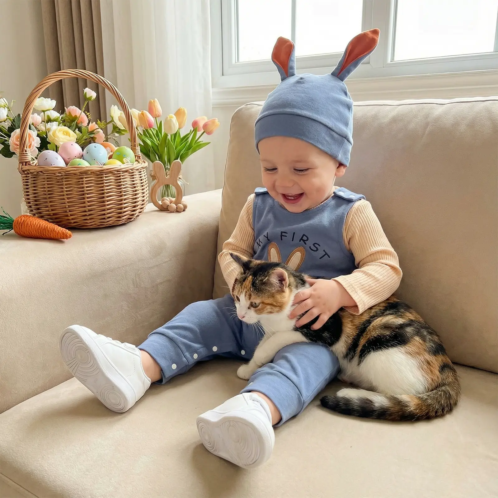 Cute Baby Boy 0-3 Months Easter Cotton Blend Gift Set - Long-Sleeve Crew Neck Embroidered Rabbit Romper, 50-65cm Overall Pants & Hat Infant Outfit