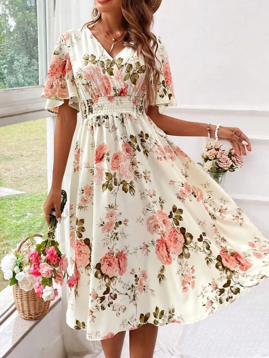 Breezaya Floral Print Women's Spring And Summer Dress - V-Neck Wrap Design, Waist-Gathered Slimming Midi Skirt, Romantic And Elegant Vacation Style Dress