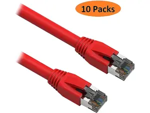 Nippon Labs 60CAT8-15-24RD-10P 15 ft. Cat 8 Red 2GHz, 40G, 24AWG, S/FTP - Shielded Latest 40Gbps 2000Mhz SFTP Patch Cord, Heavy Duty High Speed Cat 8 LAN Network RJ45 Cable - in Wall, Outdoor for Router, Modem, Gaming etc. - 10 Packs