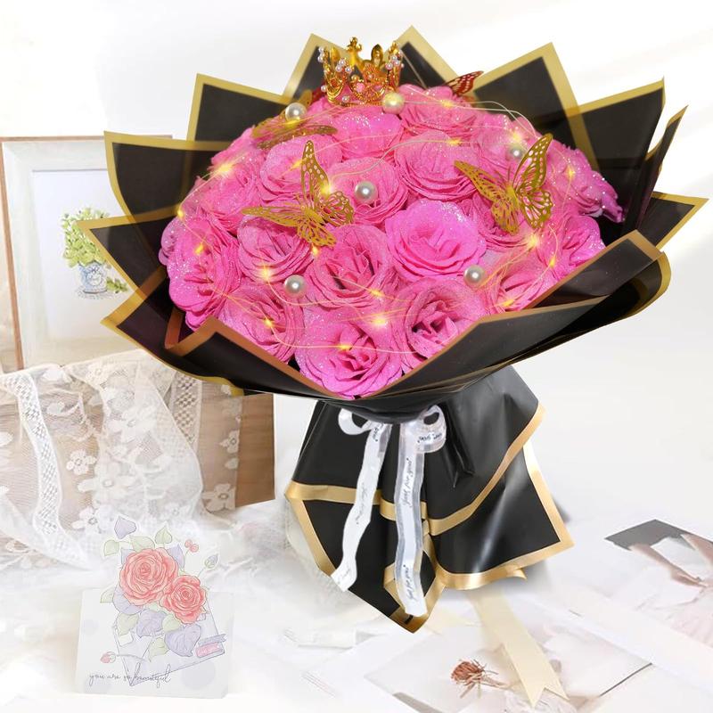 Glitter Roses Bouquet, 24 Pcs Shiny Glitter Flowers, Everlasting DIY Artificial Roses, Perfect for Christmas, Birthday, Anniversary, Wedding, Engagement