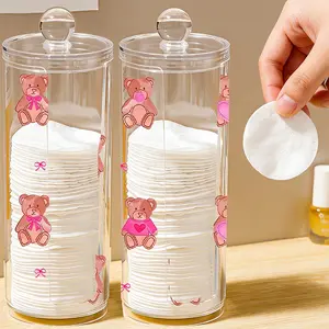 Valentine's Day Heart Shaped Bow Teddy Bear Pattern, Transparent Cotton Pad Box, Cylindrical Large Capacity, Washable & Easy to Clean, Plastic Containers Organiser Canister, Storage Organizer