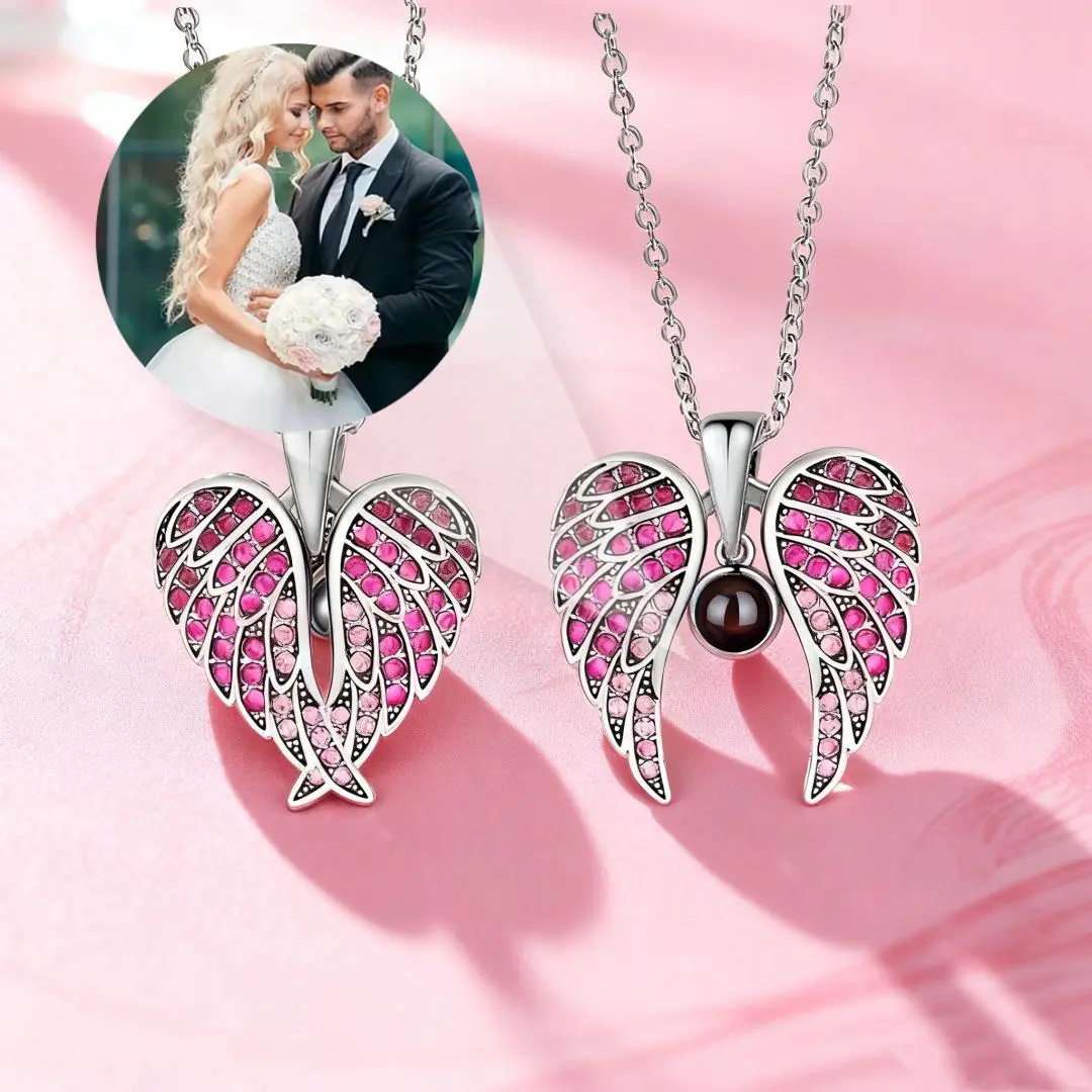 L&M Angel Wings Photo Projection Necklace for Women, Custom Hidden Photo Necklace, Picture Pendant, Pink Heart Zircon Photo Necklace, Personalized Gift for Girlfriend Wife Mom