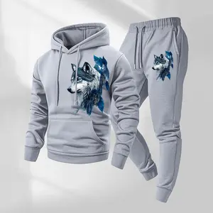 Men's wolf print hoodie and drawstring track pants set, men's casual sportswear, long-sleeved hooded jacket and trousers, suitable for autumn and winter, men's everyday wear, indoor and outdoor sportswear, tracksuit, casual sportswear.