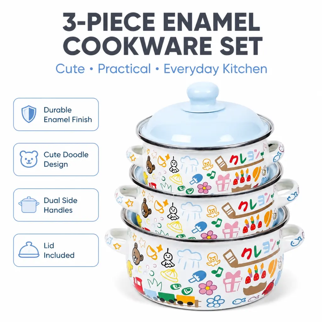 High-quality, thickened 3-piece enamel multi-purpose cookware set featuring dual handles and cute animal patterns; suitable for use as a stew pot, instant-meal pot, salad mixing bowl, general-purpose household pot, lard pot, or portable outdoor cookware.