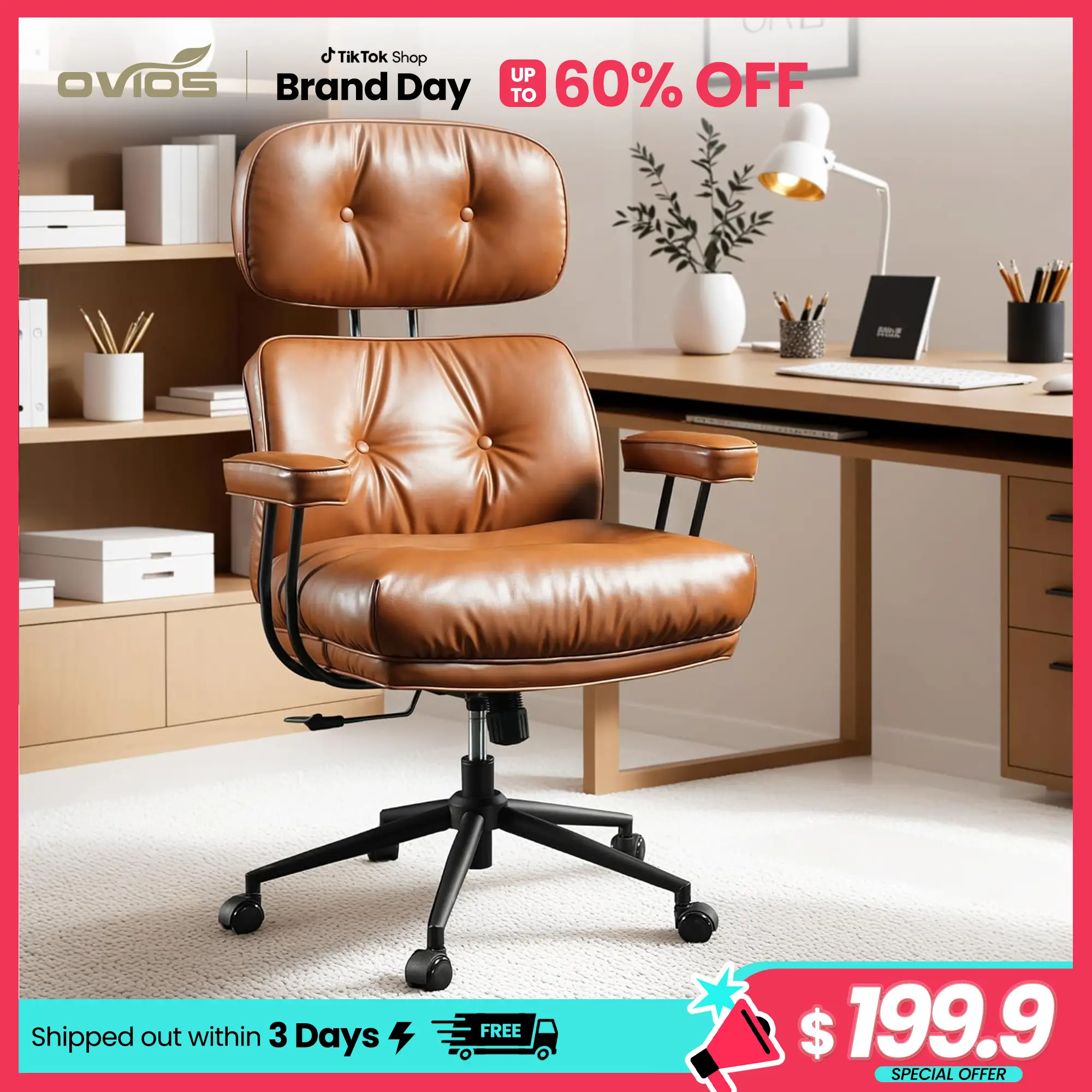 【Restock Deal】Ovios Oversized Home Office Chair, Extra-Wide Seat, Built for Big & Tall Comfort, Mid-Century Modern Faux Leather Chairs with Thickened