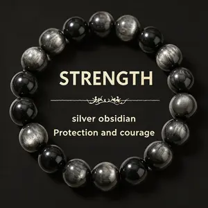 Silver Obsidian Beaded Bracelet For Strength And Protection Natural Stone Elastic Jewelry With Velvet Gift Box And Sentimental Card
