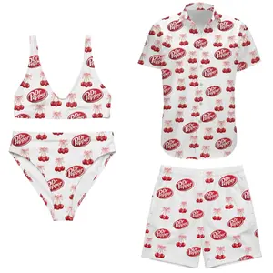 Dr Pepper Matching Couple Swimwear, Cherry Print Bikini & Board Shorts Set, Cute Couple Gift for Him & Her