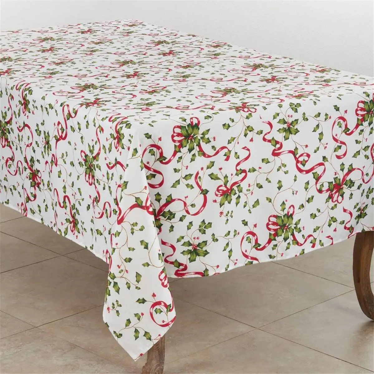 Saro Lifestyle 3175.M60120B Traditional Christmas Tablecloth - 60x120 in, Bright Hues, Holly & Ribbon Design, Home Decor Decoration for Christmas Day, Vivid Tones