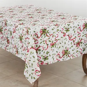 Saro Lifestyle 3175.M60120B Christmas Tablecloth - 60x120 in. Traditional Festive Fabric with Holly & Ribbon Print for Christmas Day, Multi-Color