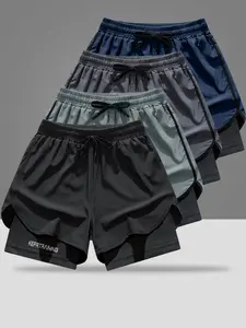 Men's 4-Pack Double-Layer Solid Sports Spandex Shorts - Loose Outer Layer, Breathable Quick-Dry Polyester Mix Liner, Ideal for Running, Workouts, Streetwear, Solid Sports Shorts summervibes,