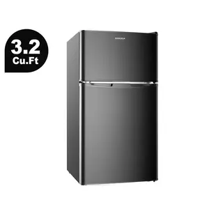 BANGSON 3.2 Cu.ft Cordless Portable Fridge with Freezer - Double Door Multifunctional Household Refrigerator, Adjustable Temp, Energy-Efficient, Quiet Operation, LED Interior Light, Glass Shelves