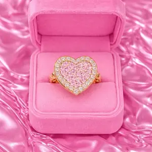 Pink Diamond Heart Ring - Elegant Gold-Tone Band with Pink Diamonds in Heart Shape, Perfect for Gift or Self-Purchase