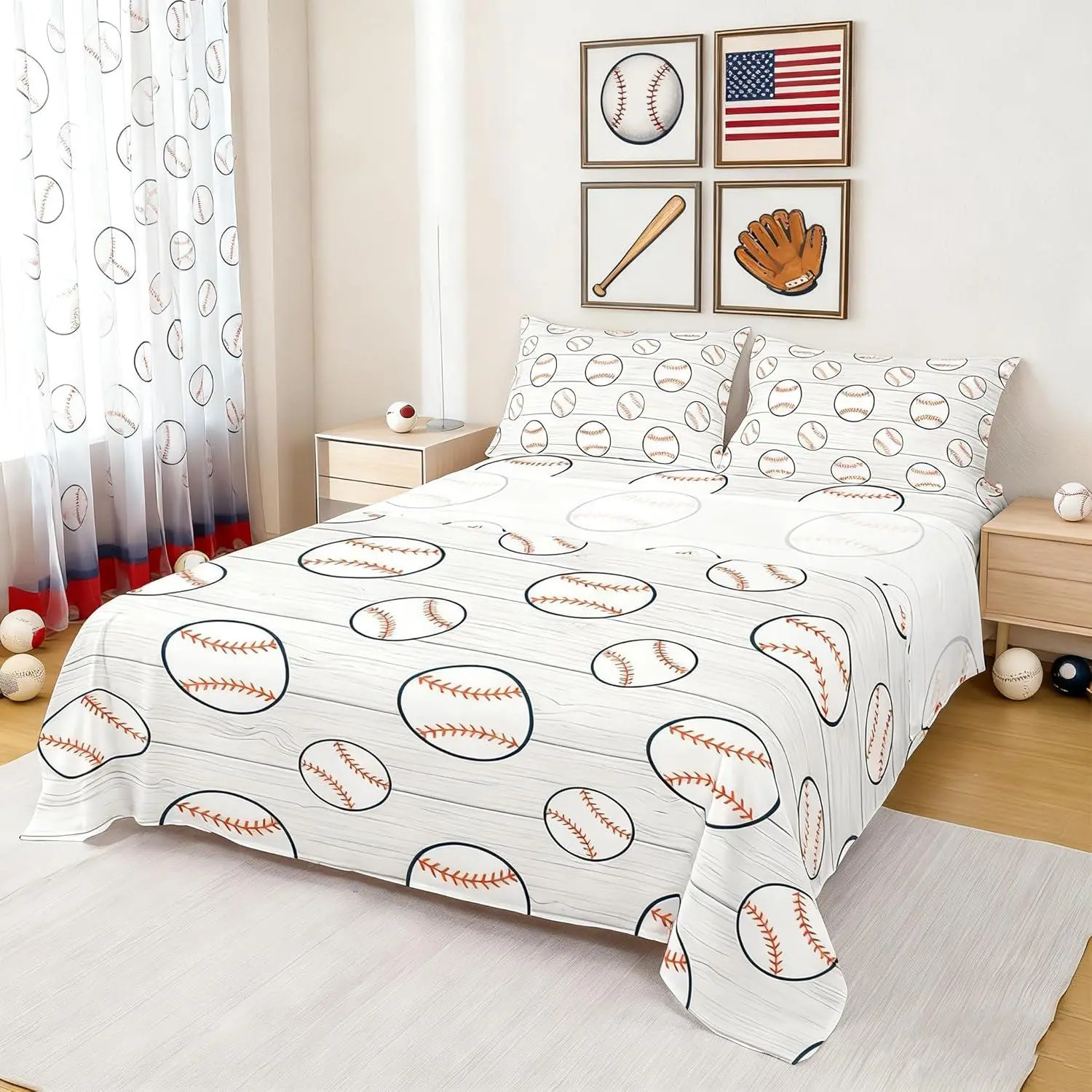 Baseball Sheet Set,Sports Gaming Bedding Set for Kids Boys Teens Room Decor,Ball Sports Theme Bed Sheet Set with Deep Pocket Fitted Sheet + Flat Sheet