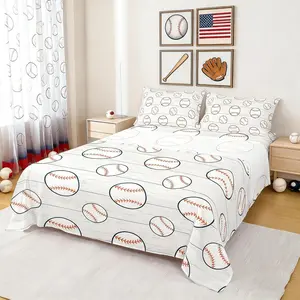 Baseball Sheet Set,Sports Gaming Bedding Set for Kids Boys Teens Room Decor,Ball Sports Theme Bed Sheet Set with Deep Pocket Fitted Sheet + Flat Sheet