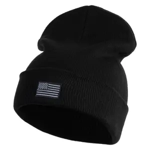 Small Patriotic Grey American Flag Iron on Embroidered Patched 12 Inch Long Knitted Beanie