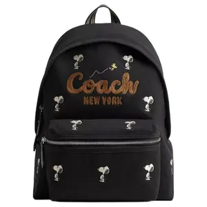 COACH x PEANUTS Snoopys Cargo 33 Backpack for Women – Canvas and Satin with Logo Print, Black Mix