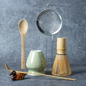 Matcha Whisk Set, Matcha Making Kit Whisk (Chasen Holder), Ceramic Whisk Holder (Mottled Green), Bamboo Scoop, Powder Starter Sifter, Spoon Japanese Tea Tools For Ceremony Gift