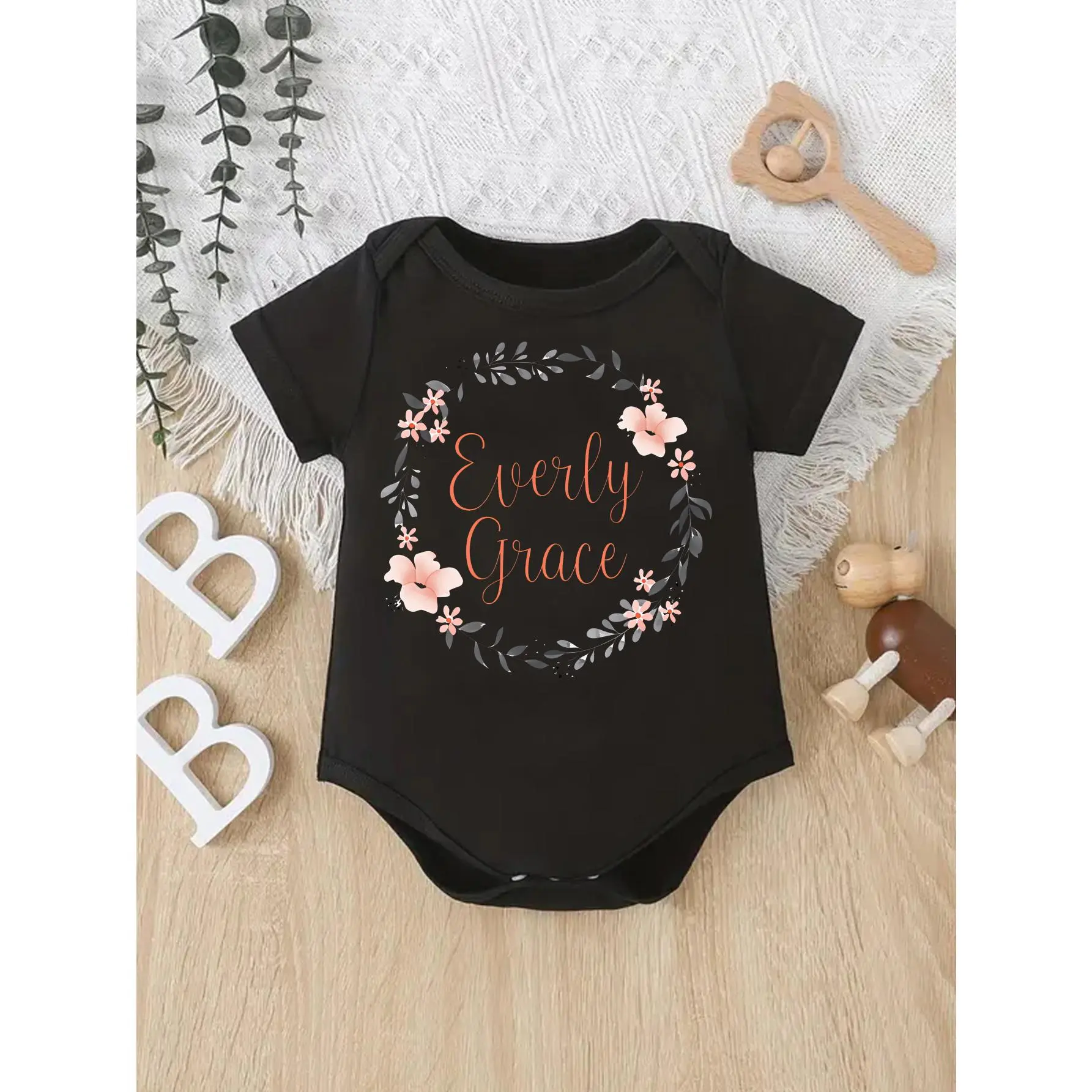 Unisex Baby Bodysuit, Personalized Floral Wreath 1-Piece, Short Sleeve Soft Cotton with Expandable Shoulders, Baby Design Unisex Bodysuits & One-Pieces