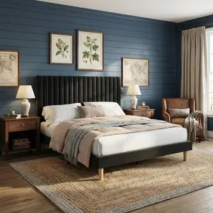 Bed Frame, Upholstered Platform Bed Frame with Vertical Channel Tufted Adjustable Headboard, Strong Wooden Slats Support, No Box Spring Needed, Easy Assembly