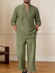 Men's Summer Linen Set, Vintage Collar Long Sleeve Shirt & Loose Pants, Breathable Comfort Fabric for Daily Wear, Sports, Travel