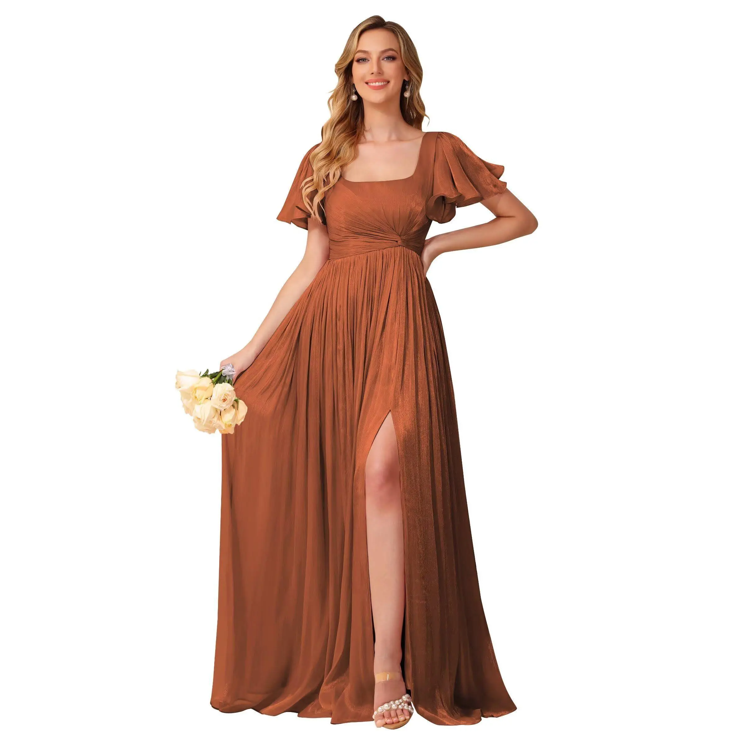 Short Sleeve Bridesmaid Dresses, Chiffon Maxi Dress,Long Formal Dress with Slit, A Line Summer Dress,Long Dresses,Shimmer Chiffon,Normal Type,Lace up Back,Ladies Clothes  for All Seasons