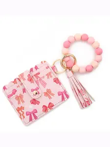 Cute Patterned Beaded Keychain Wallet, Compact Card Holder with Tassel Wristlet, Portable Accessory for Women