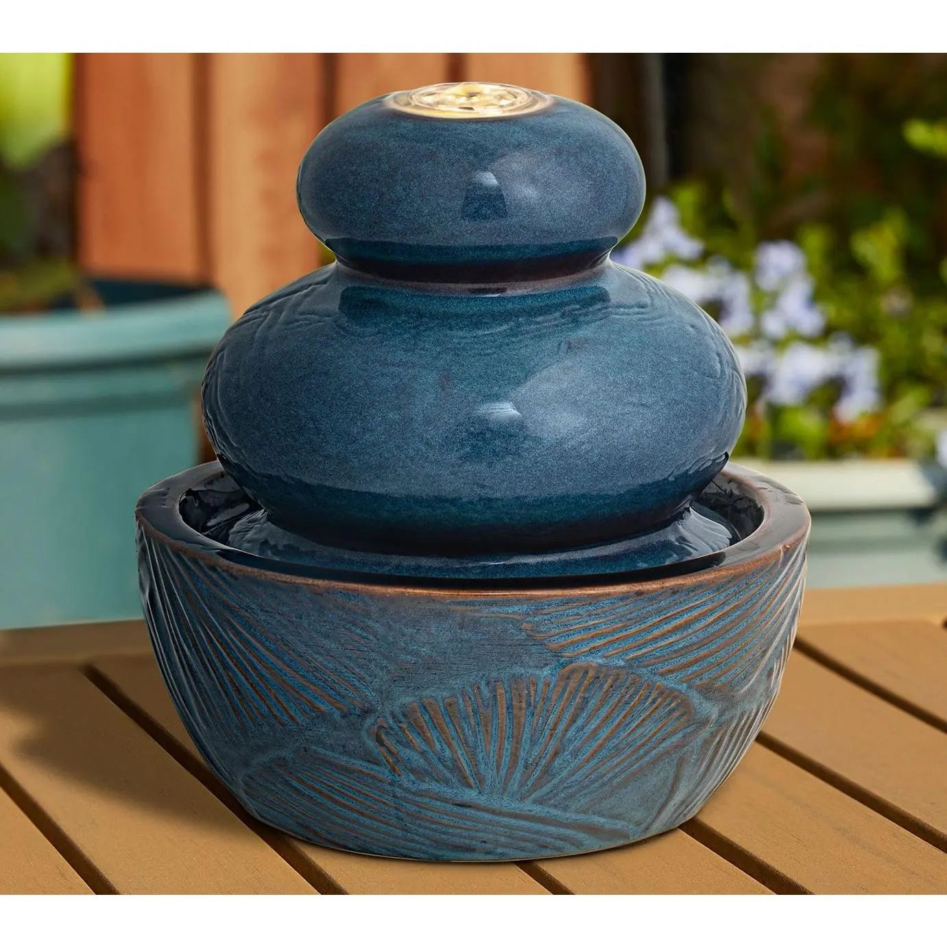 Glitzhome 9'' LED Lit Leaf Textured Ceramic Tabletop Fountain