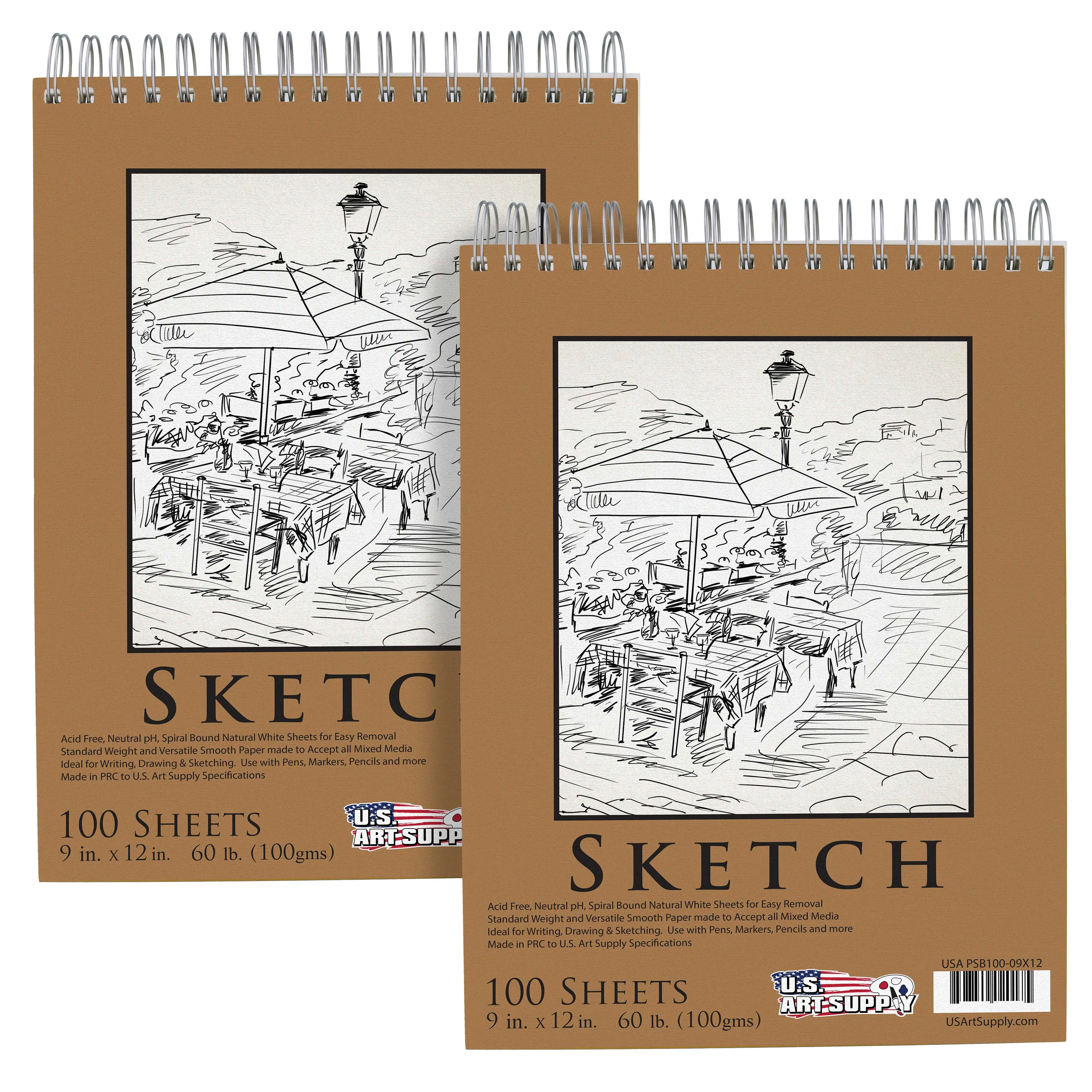 9"x12" Top Spiral Bound Sketch Book, 2 Pack, 100 Sheets Each, 60lb (100gsm), Acid-Free, Artist Sketchbook, Drawing Pad for Adults & Students