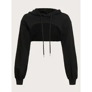 Solid Color Drawstring Detail Hoodie, Elegant Long Sleeve Super Crop Hooded Sweatshirt, Women's Clothing Collar Fabric Tops Casual