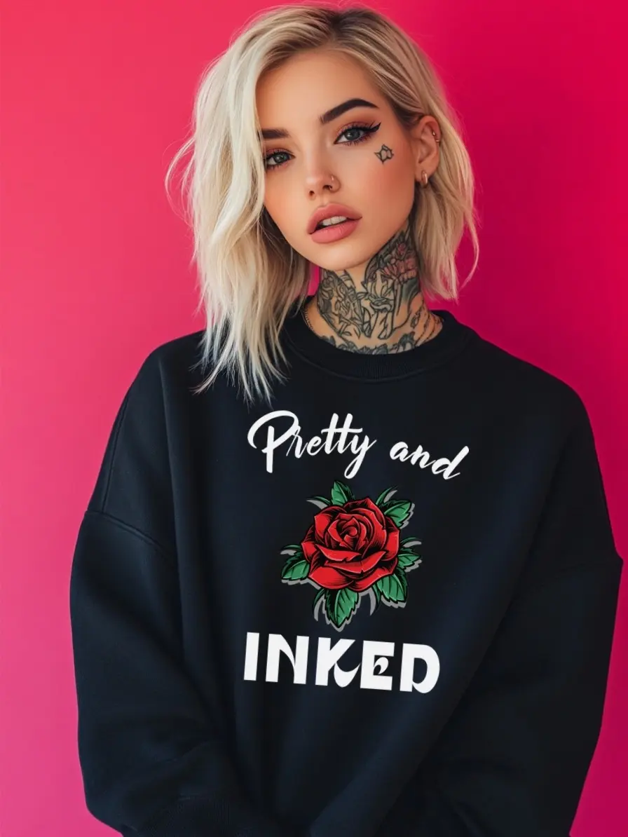 Pretty and Inked Crew Neck Sweatshirt - Tattoo Art Graphic Pullover, Cozy Long Sleeve Sweater for Women, Soft Black Casual Top, Tattoo Lover Gift, Trendy Fall Winter Streetwear, Perfect Tattoo-Inspired Clothing