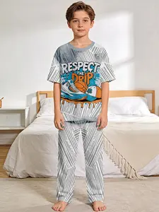 Trendy Statement 2-Piece Set for Basketball Boys - Kids' Digital Print Short-Sleeve Pajamas with Extended Pajama Pants, Stylish and Cool