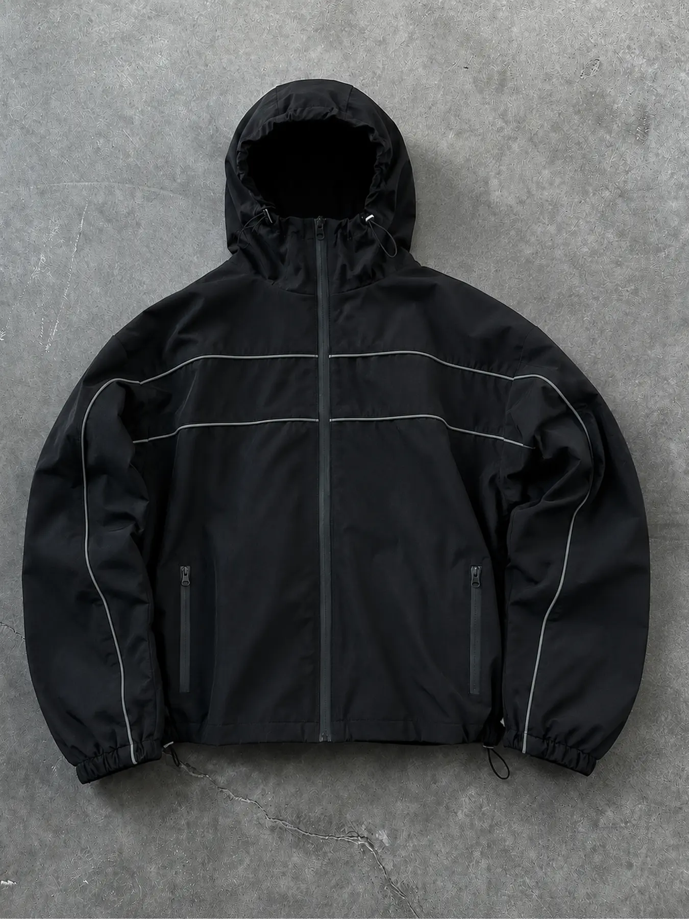 Men Windbreaker Jacket Relaxed Fit for Summer Outfits, Hooded Lightweight Woven Jacket with Reflective Piping, Zip Pockets, Elastic Cuffs, Track Jacket Alternative