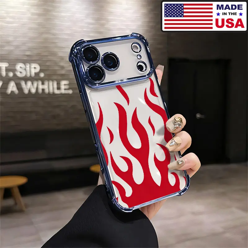 Bold Red Flame Streetwear Clear Shockproof Aesthetic Design Pattern Casing For iPhone 17 16 15 14 13 12 Samsung 22 23 24 25 Plus Pro Max Ultra Soft Silicon TPU Shockproof Protector Vintage Unique Fashion Mobile Phone Case, Accessories, Silicone