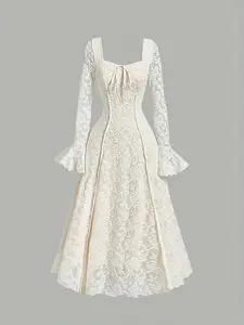 Elegant Cute Women's Fitted Long Sleeve Dress Womenswear, Evening Party Gown, Holiday Formal Wear, Back-To-School, Wedding Guest Attire, Tea Party Dress Ll168