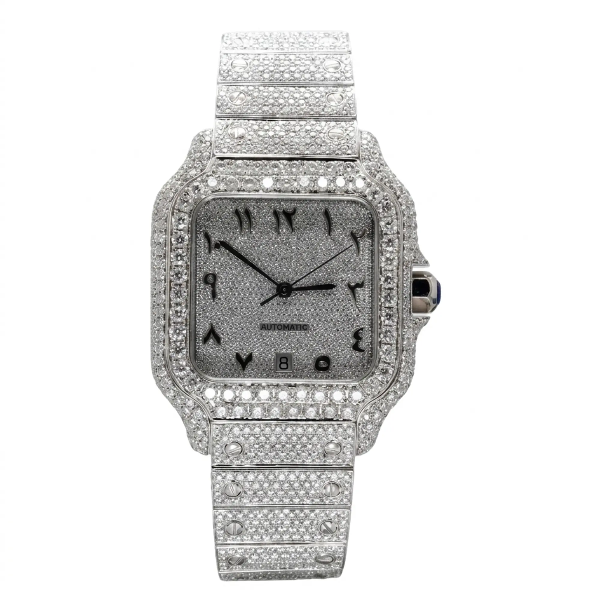 Kureight Jewel Luxury Full Iceout Automatic Men's Watch - 41mm Silver Case, Pave Square Arabic Numeral Dial, Pave Moissanite Bezel, Stainless Steel Bracelet, 100M Water Resistance, Date Display, Hip Hop Fashion Accessory