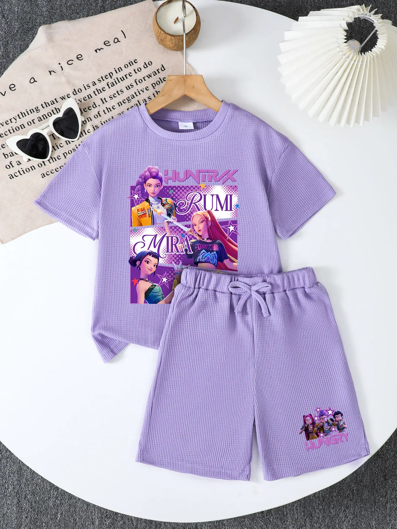 CrevNeck Teen Girls Kpop Demon Hunters Tiger Outfit Purple Graphic Print Short Sleeve T-Shirt & Shorts Set for Spring Summer Fall Casual Wear