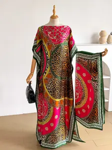 Women's Leopard Print Set Elegant Ruched Design Fitted Long Dress Robe Hoodie Scarf + Long Silk Shawl Beach Sun Protection