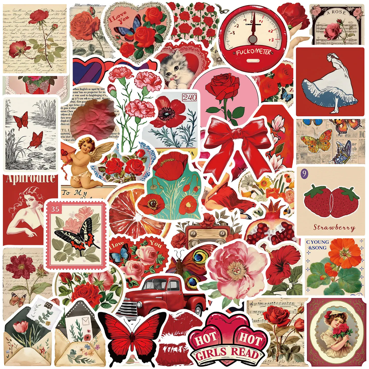50pcs Vintage Romantic Y2K Stickers – Roses, Fuckometer & Hot Girls Read Aesthetic Pack, Stickers Gifts for Laptop Phone Water Bottle Luggage Teens Boys Girls Birthday Party Favors