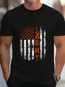 100% Cotton Leukemia Ribbon Fight American Flag Leukemia Awareness T-Shirt Women's Men's Graphic Tee Crew Neck summer vacation Tops