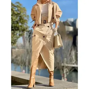 Fashion Two Piece Sets Outfits Office Lady Tracksuit Street Wear Cargo Set Long Sleeve Jacket and Wrap High Split Skirts Suit