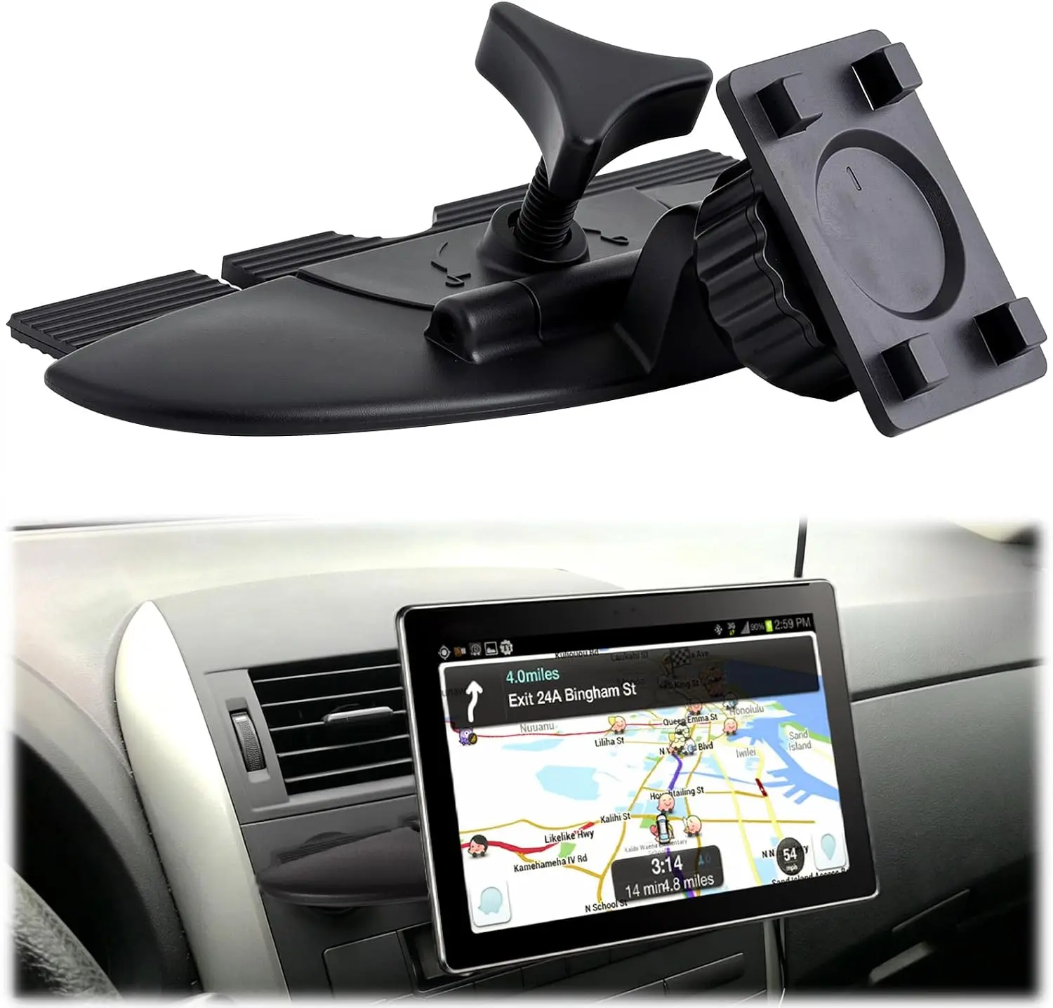 CD Slot Car Mount for CarPlay Screen 360° Adjustable Rotation with 4-Button Lock GPS Monitor Holder Stable & Secure