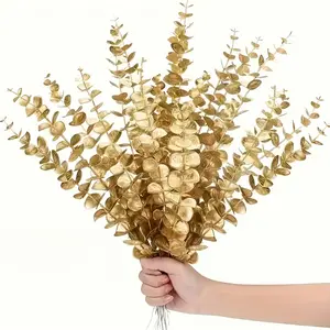 40 golden eucalyptus branches - Realistic artificial eucalyptus leaves, 14.96 inches long, for Christmas, Valentine's Day, home decoration, Outdoor Artificial Decor, no vases, holiday decoration, Faux Plants Indoor