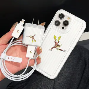 5 Piece Set Transparent Monkey Phone Case Pattern, Charger Head Cover, Cable Protector, Storage Rope, Anti-Drop Tpu Case, Accessories for iPhone