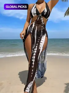 Two-piece Set Women's Colorblock Halter Neck Tie Back Bikini Set, Casual Ring Linked Backless Swim Bra & High Cut Swim Panty, Ladies Swimsuit for Beach Holiday Vacation