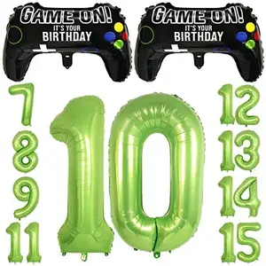 Video Game Party Balloons for Boys 10th Birthday Decorations- 2 Packs Game Controller Mylar Balloons with Green Number Balloons 10