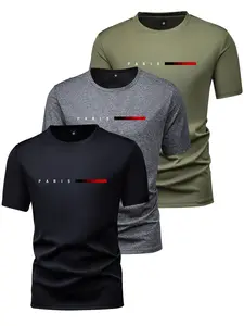 Men's Summer Lightweight Short Sleeve T-Shirt Set with Paris Letter Print 3 Pack Casual Fashion Outdoor Shirts for Running Golf Fishing Basketball Camping Gym Swimming Beach Gifts for Husband Boyfriend