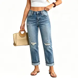 Women's Stretchy Ripped Button-Flap Jeans, Women High Rise Vintage Washed Distressed Ripped Denim Jeans Rolled Cuff Cropped Ankle Length Casual Straight Leg Mom Denim Pants