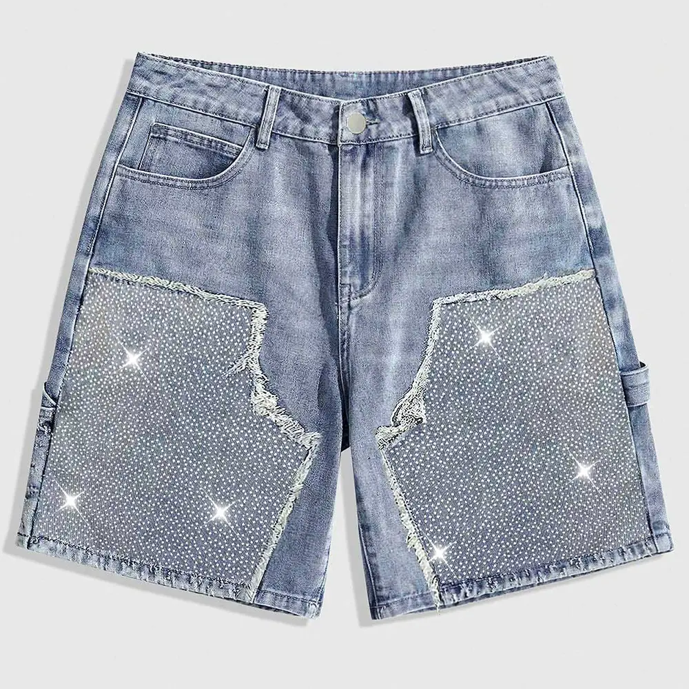 Light Blue Vintage Wash Large Full Rhinestone Raw Fray Patch Panel Side Cargo Loop Knee Length Denim Jorts Unisex Mid Rise Single Metal Button Soft Heavy Denim Y2K Hip Hop Club Party Summer Casual Bottoms