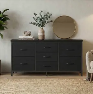 7 Drawer Dresser for Bedroom, 47.2" Fabric Drawers with Wood Top Metal Frame, Wide Storage Organizer for Closet, Hallway & Living Room, Black
