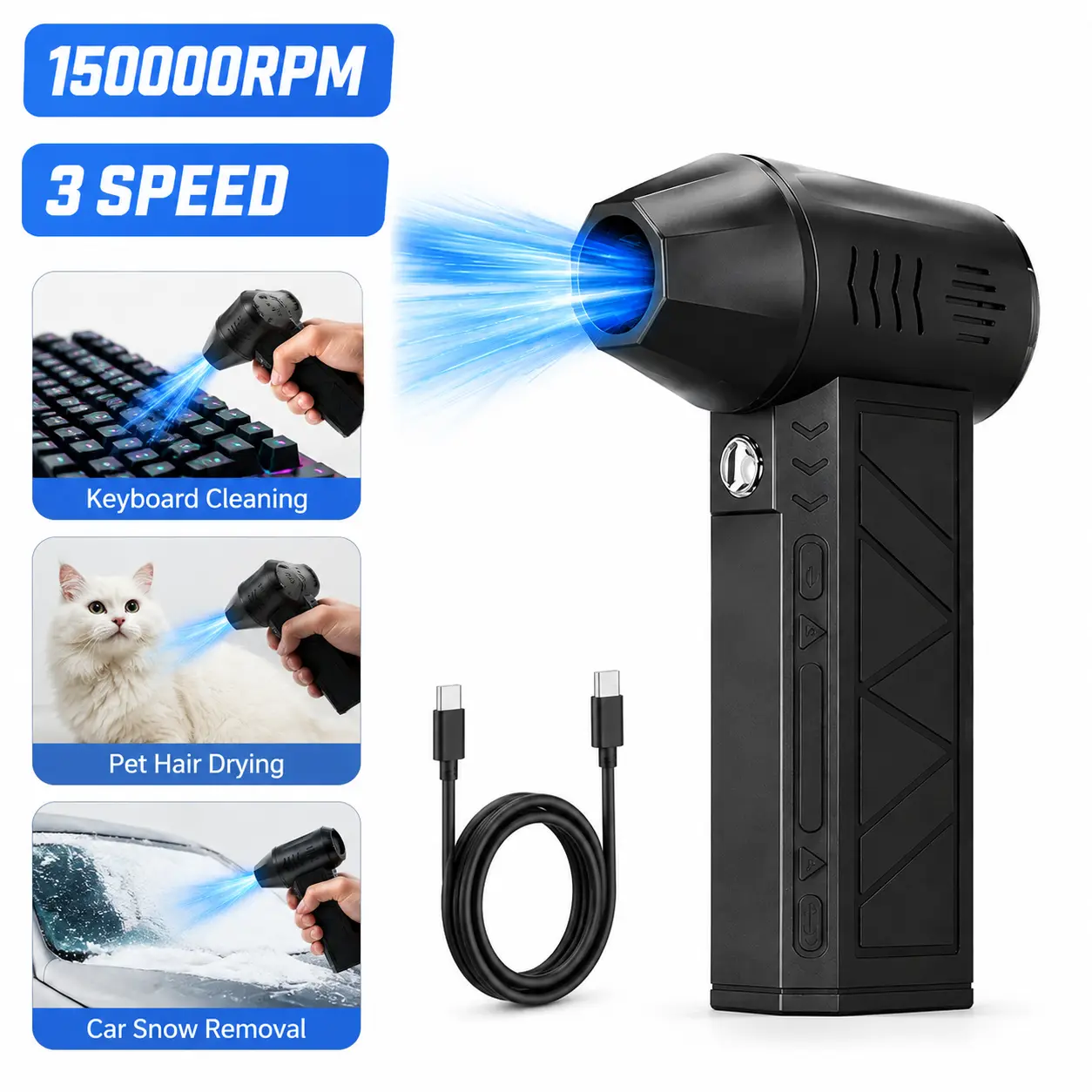 Handheld Turbo Cleaning Blower 150000 RPM Brushless Motor Strong Wind Long Battery Life, Multi-Scene Blower For Car Washing Keyboard Chassis Dust Removal Outdoor Use